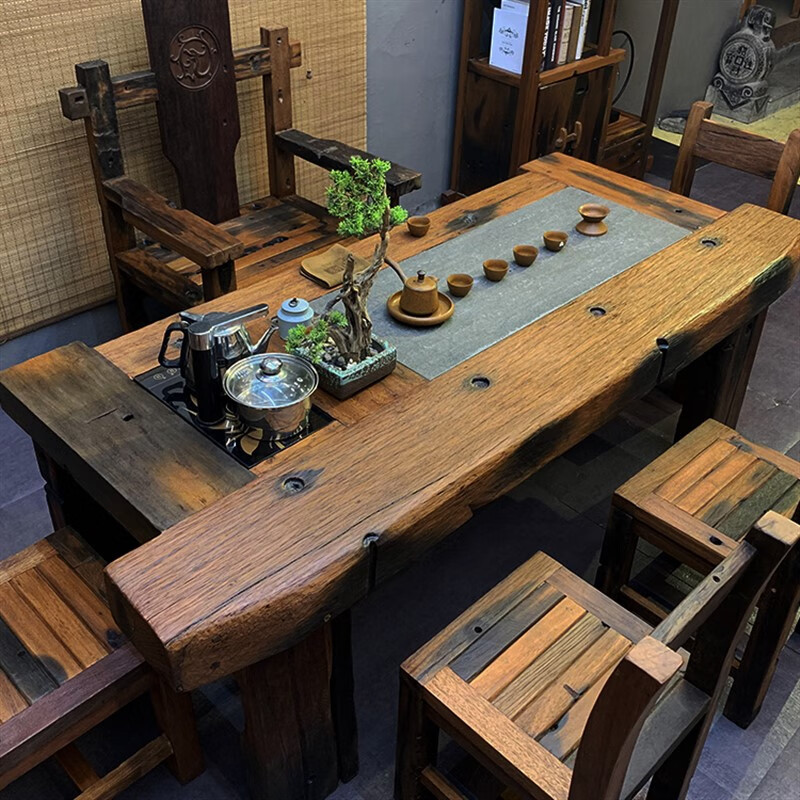 盎梓船木茶桌实木大板桌茶海桌潮功夫茶桌老船木茶桌椅组合 户外阳台