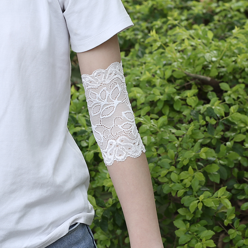 珍碧斯蕾丝护肘女防晒袖套薄款夏天遮疤痕纹身弹性护手臂胳膊袖套装饰 白色（长度15cm）