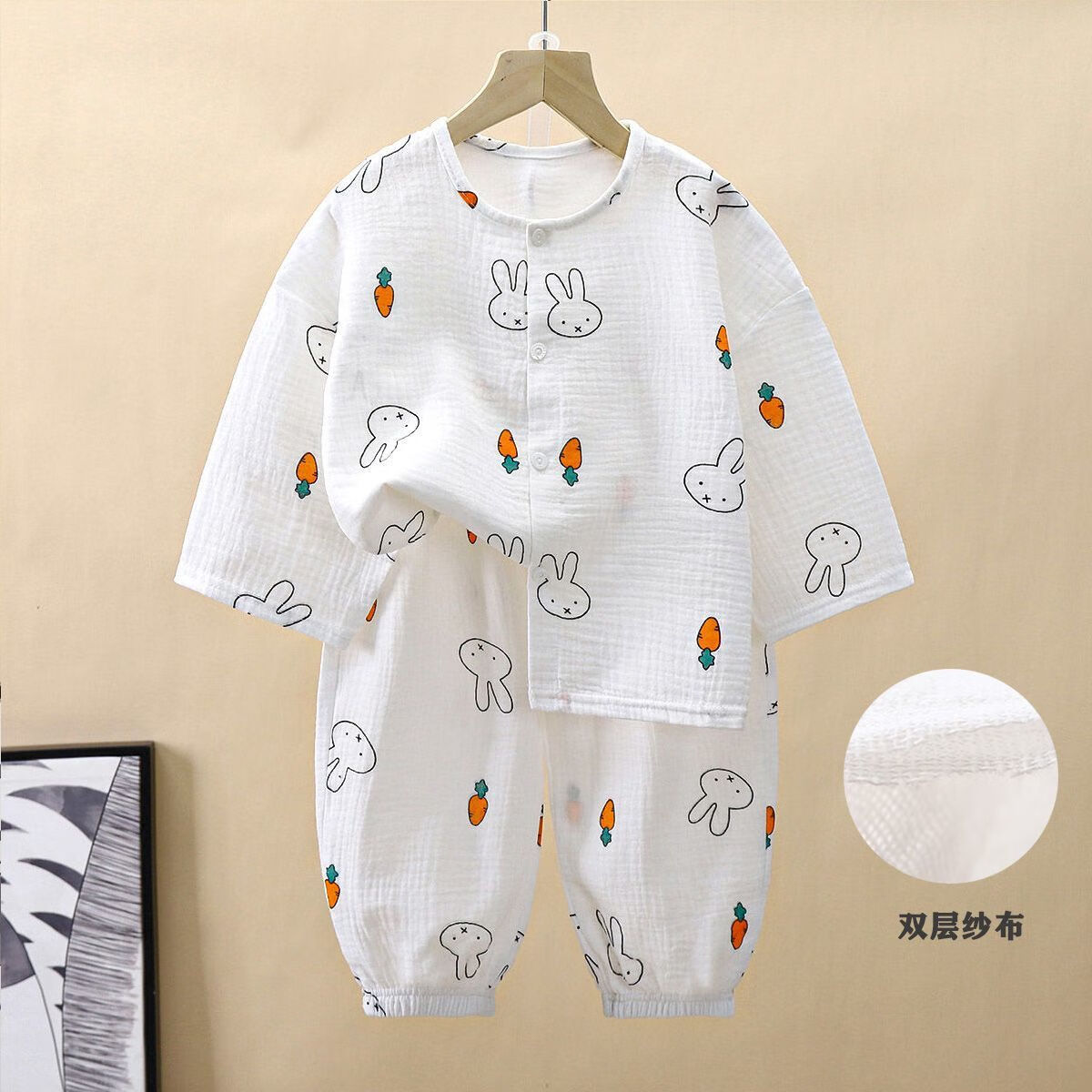 浙系儿童纯棉棉纱家居服夏季薄款睡衣套装纱布婴儿衣服开衫空调服分体