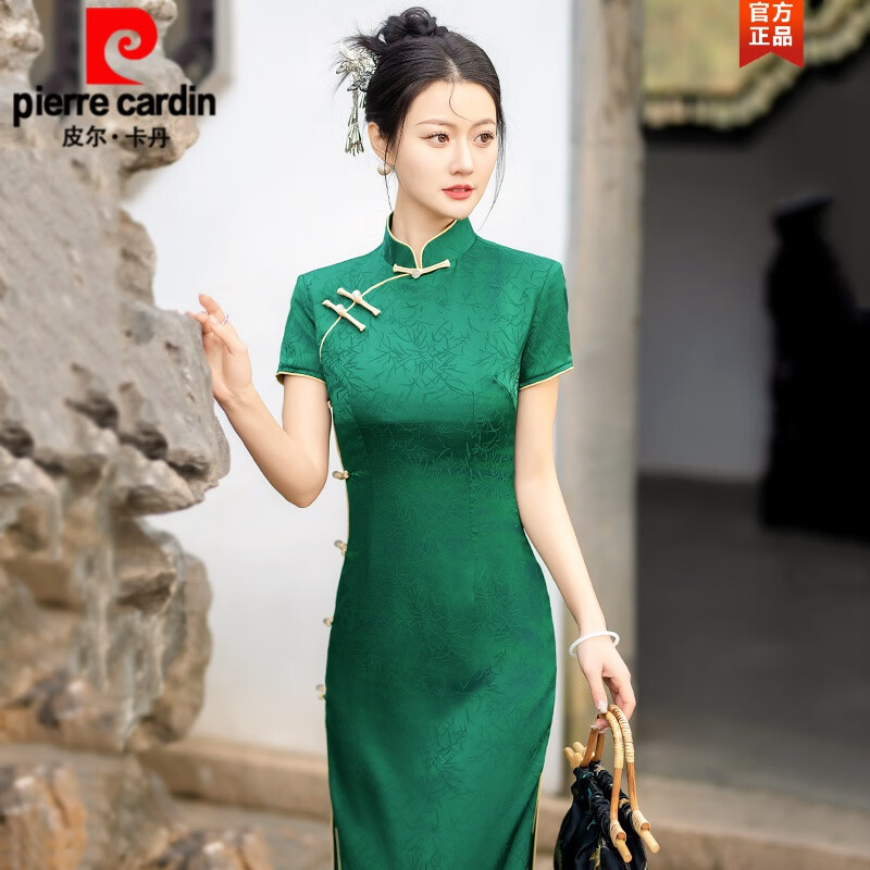 皮爾卡丹（pierre cardin）年輕款提花長款旗袍2024春夏季年新式女中國風(fēng)高端日常大號連衣裙 翠綠色 XL