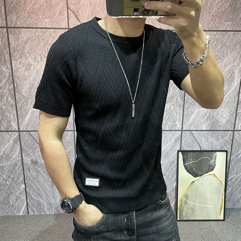 LUO ELEMENT短袖针织衫男圆领纯色打底毛线衣青年修身套头紧身半截袖半袖毛衣 黑色 M