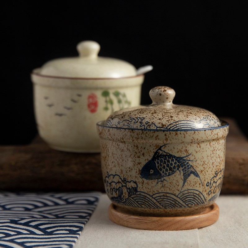 和风四季土火工坊釉下彩复古猪油罐油辣子罐家用餐厅盐罐调味罐陶瓷调料罐 和熙调料罐（360ml）配小白瓷勺