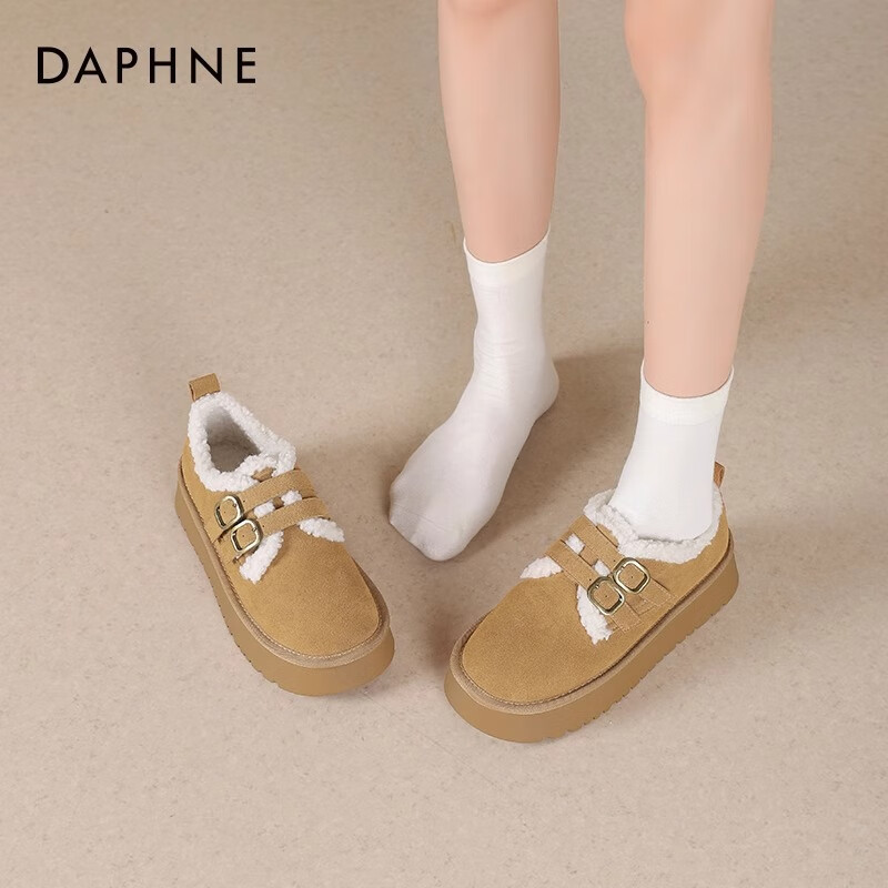 达芙妮加绒勃肯鞋女秋冬2025新款厚底增高保暖棉鞋松糕复古雪地靴女LP 卡其色【双排扣-跟高4cm】 40