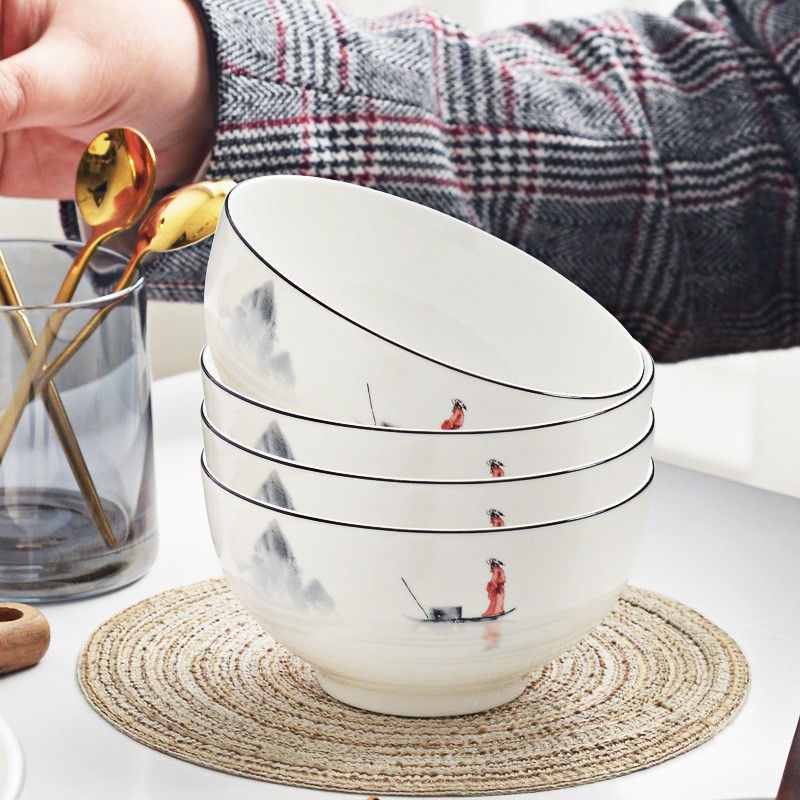 景德镇陶瓷餐具套装家用碗碟套装釉中彩盘子碗具组合中式米饭碗 江山如画6英寸澳碗4个 0头