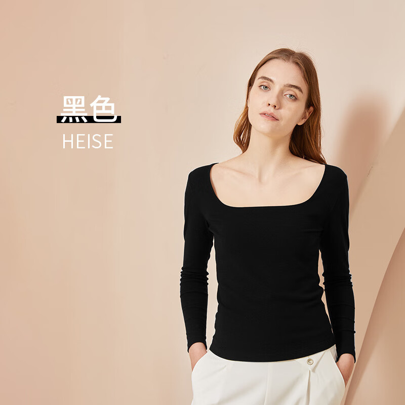 佧森滋薄款德绒保暖内衣无痕无缝女士方领上衣打底衫修身内搭秋衣 黑色 S建议80-100斤