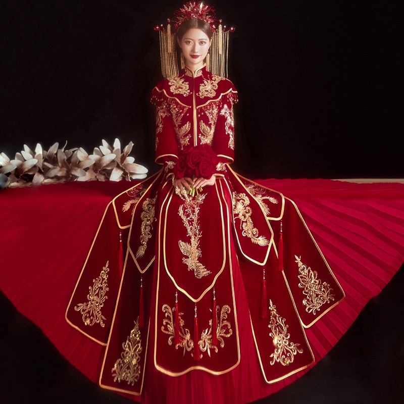 龍曼尼仕丝绒秀禾服新娘2024新款中式婚纱结婚礼服古装嫁衣敬酒服龙凤