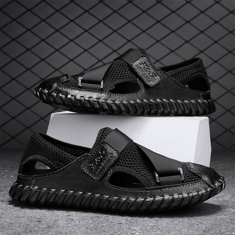 凯逸弗（kainifu）大码凉鞋男款外穿网面包头软底皮凉鞋男士沙滩拖鞋夏季男鞋 黑色 38