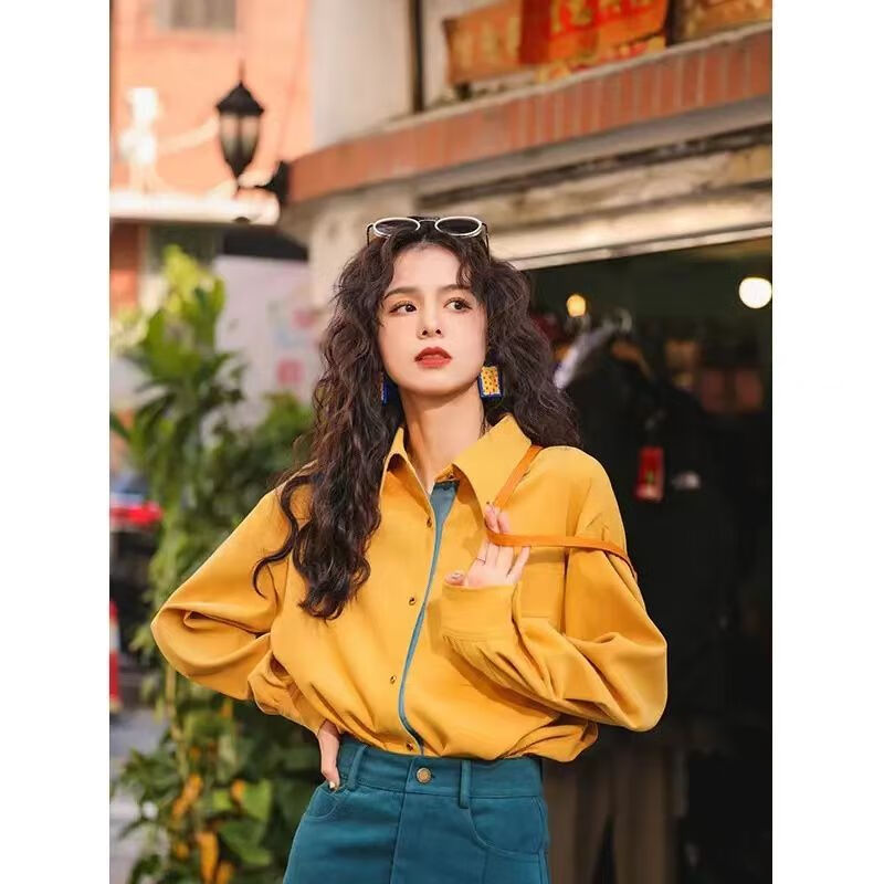 套装炸街御姐陈大事【多喜乐】港味外搭长袖衬衫女早 黄衬衫 高品质 s