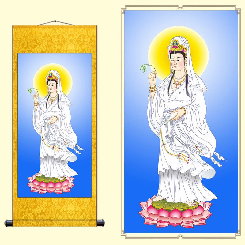 萦娪国画观音画像佛堂供奉挂画观世音菩萨佛像丝绸卷轴壁画sn2 a 85*