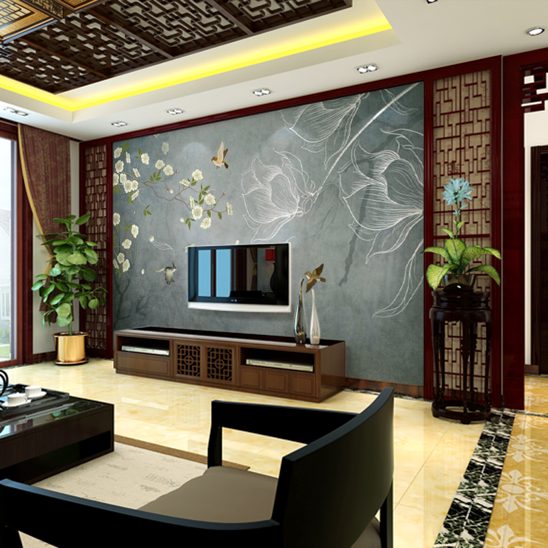 15151515电视背景墙壁画新中式 3d墙壁纸客厅现代中式中国风