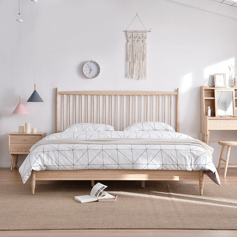 现代简约风格白蜡木储物高箱床双人实木床大床卧室家具 原木色框架床