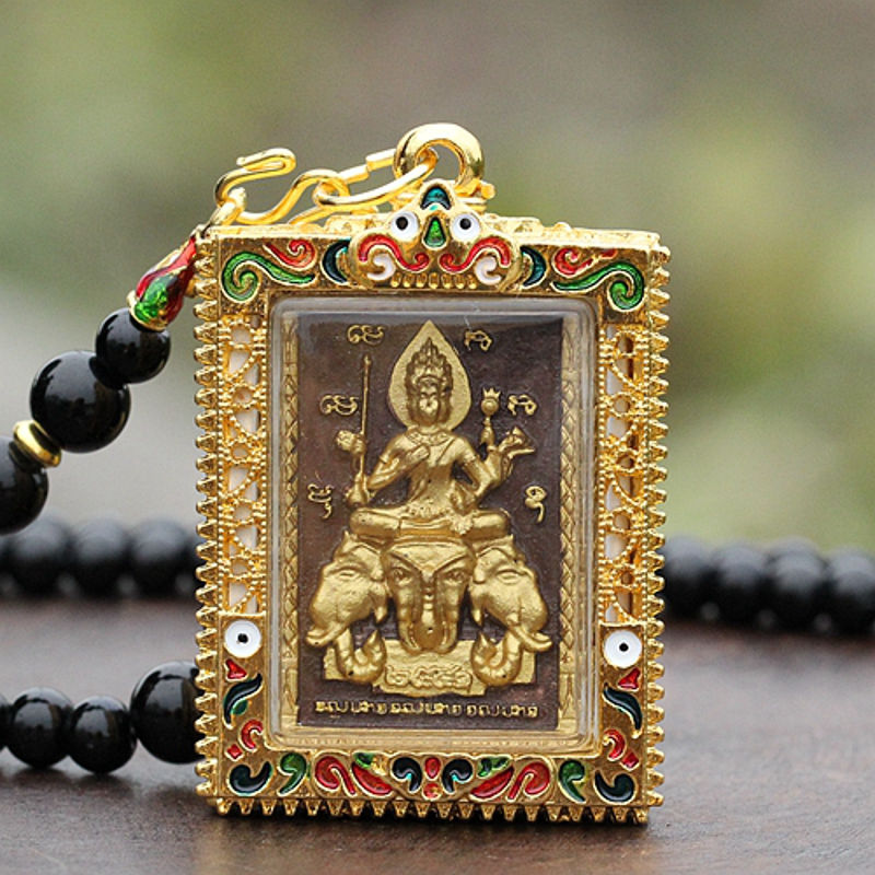 泰国佛牌吊坠  四面佛 崇迪佛 掩面佛 象神头 项链 金珐琅描金款