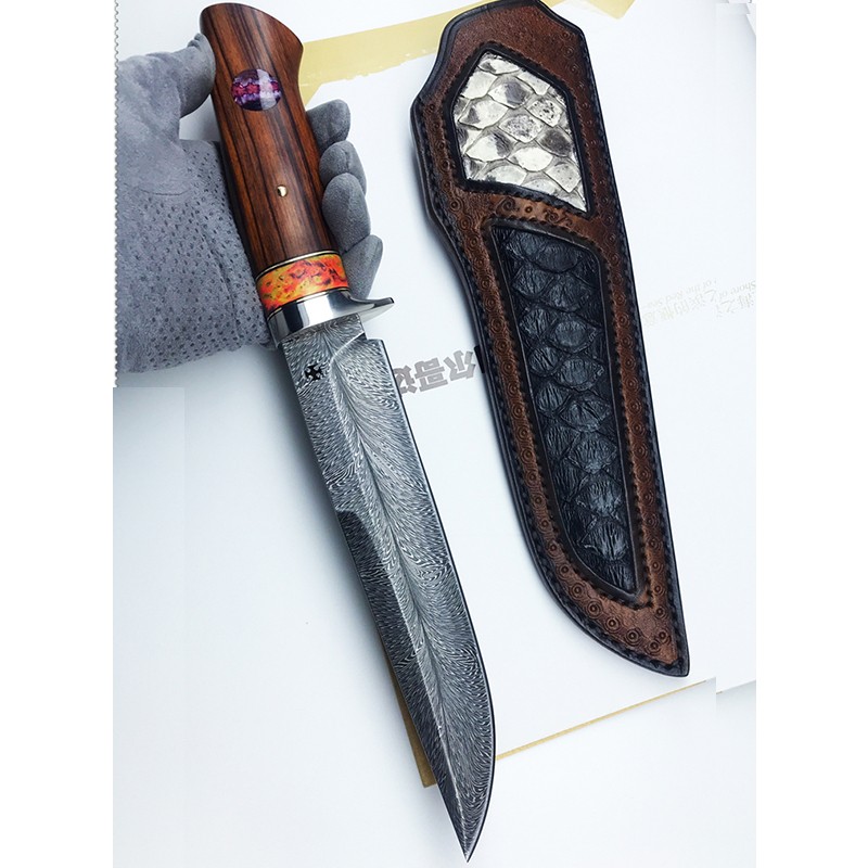 雨轩户外羽毛纹大马士革直刀手工高端户外小刀收藏送礼野外生存高硬度