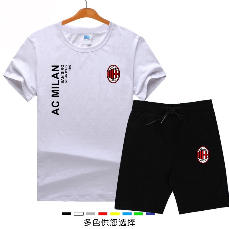 夏款圆领短袖运动服男女跑步t恤ac米兰足球透气五分短裤套装 白衣黑裤