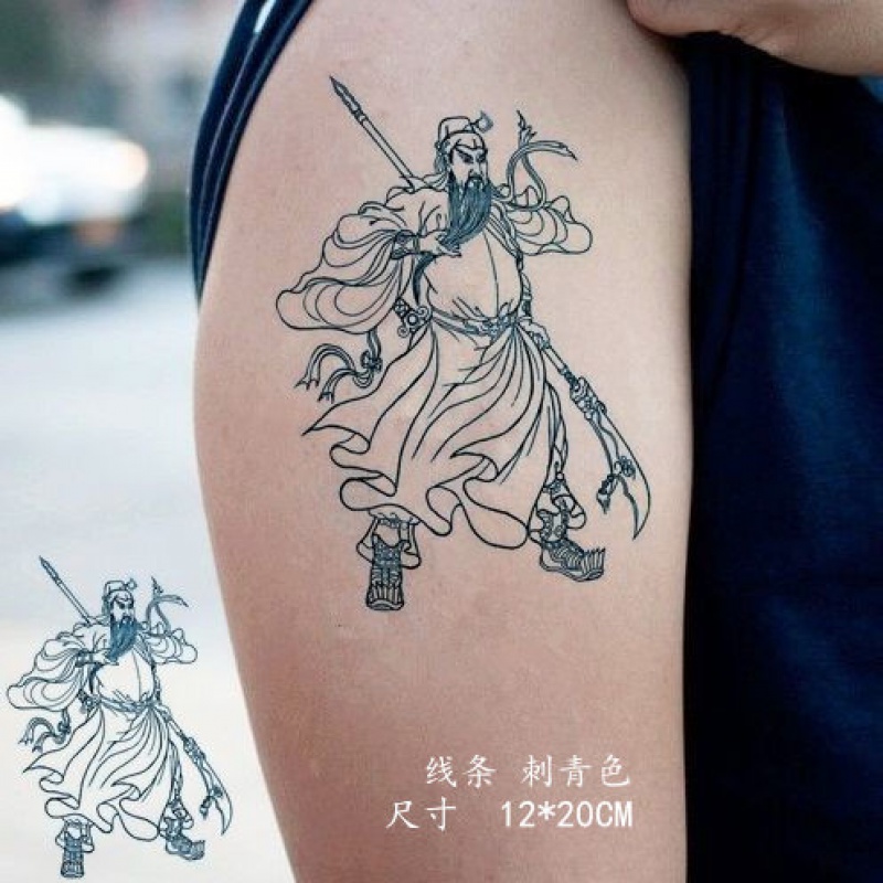 妙微熊割线关羽纹身贴男女款防水刺青色小腿关公龙纹身贴纸线条文身 1