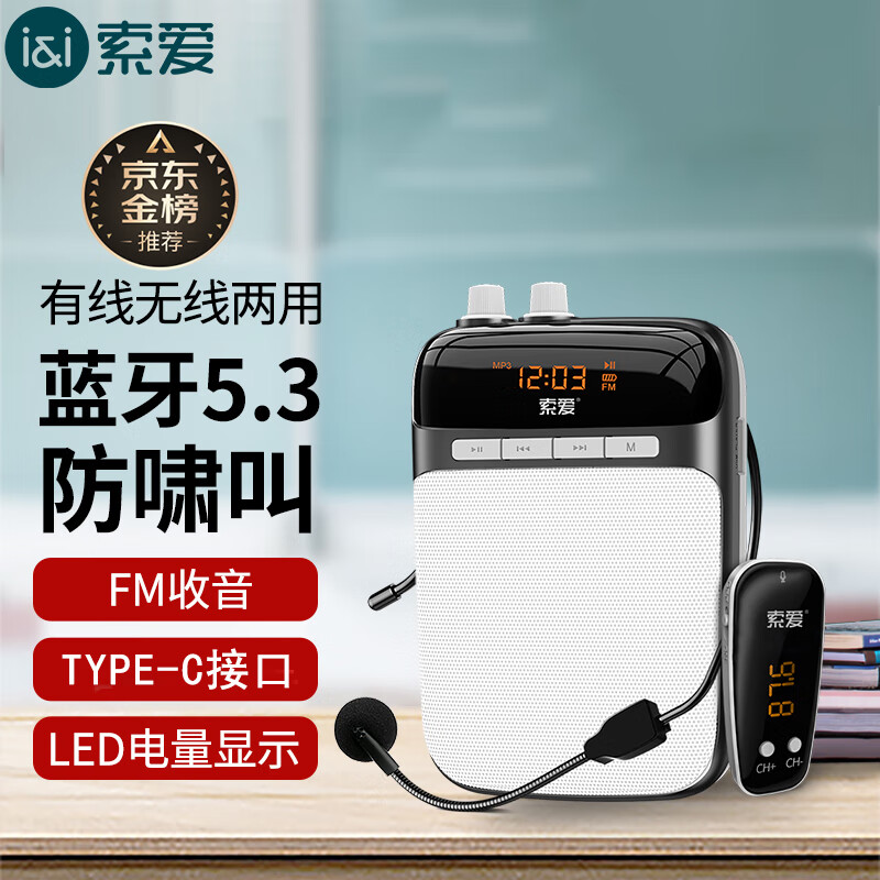 索爱(soaiy)S518小蜜蜂扩音器教师专用无线防啸叫喇叭腰挂麦克风导游便携式蓝牙音箱收音机喊话器讲课Type-c黑