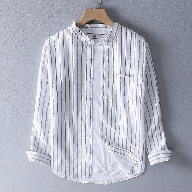 德朔亚麻男生衬衫男士亚麻条纹圆领衬衫麻布衣服男装青年宽松休闲棉麻