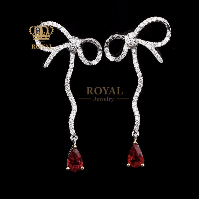 royalpick定制红宝石耳环耳坠蝴蝶结红色镶钻石18k金送女友老婆节生日
