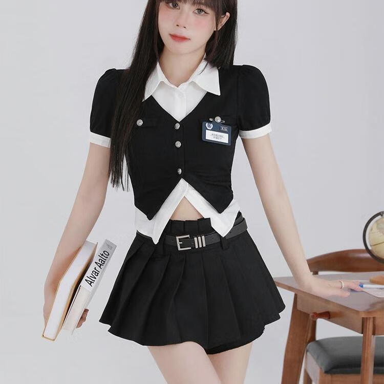 严莘jk百褶裙套装学院风韩系女2024夏新款设计感不规则拼接衬衫高腰显