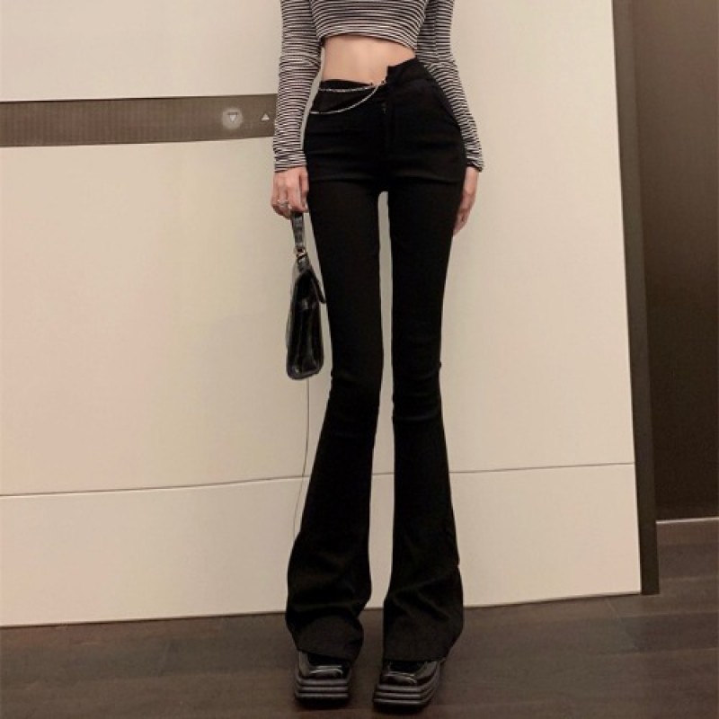 链条马蹄裤女2021秋冬新款设计感不规则腰头显瘦修身微喇休闲裤 黑色
