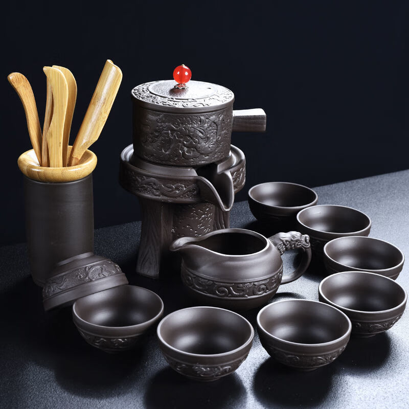 懒人半全自动创意石磨盘功夫泡茶器冰裂紫砂茶具套装家用陶瓷茶壶