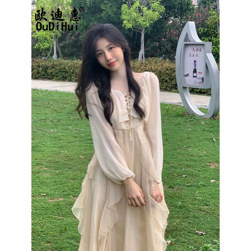 歐迪惠（Oudihui）雪紡連衣裙女裝2024年新款夏季法式溫柔風(fēng)防曬開(kāi)衫吊帶裙子女套裝 杏色開(kāi)衫+吊帶裙 M