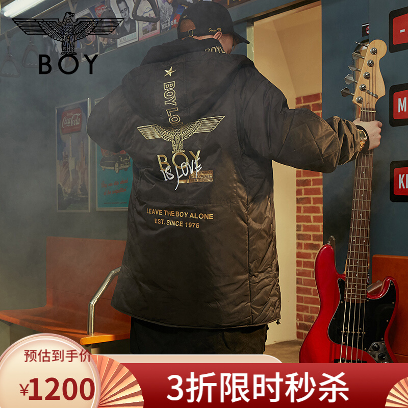 boylondon旗舰官网潮流老鹰logo金线绣情侣款棉服外套长款棉服606902 黑色 M