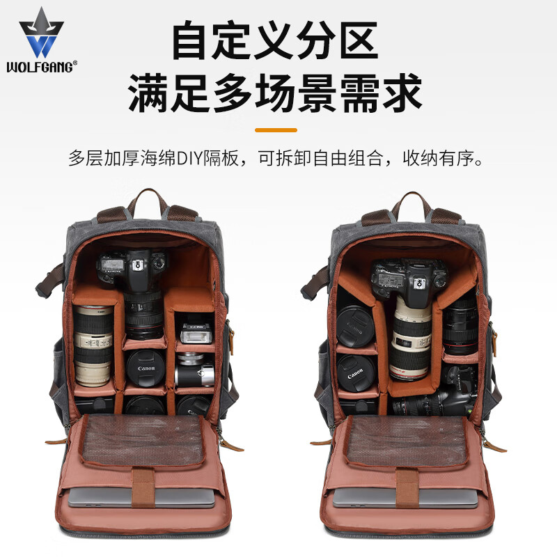 沃尔夫冈(WOLFGANG) 单反/微单/摄像机收纳包单肩背双肩背相机包 用于佳能尼康索尼松下专业相机/摄像机收纳 【S23深灰色蜡染帆布+疯马牛皮双肩背】 标配