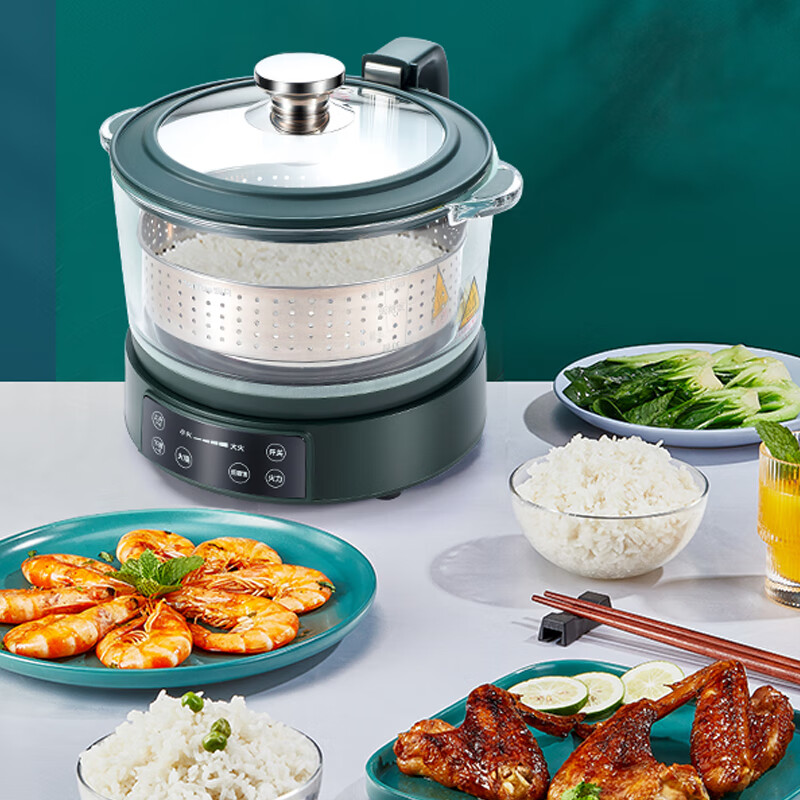 蓓家福新款低糖自动升降电饭煲家用米汤分离电饭锅智能沥米过滤糖分蒸煮多功能0涂层玻璃内胆养生锅米饭 3升玻璃款墨绿色(适合1-3人 可煮1斤米) 3L