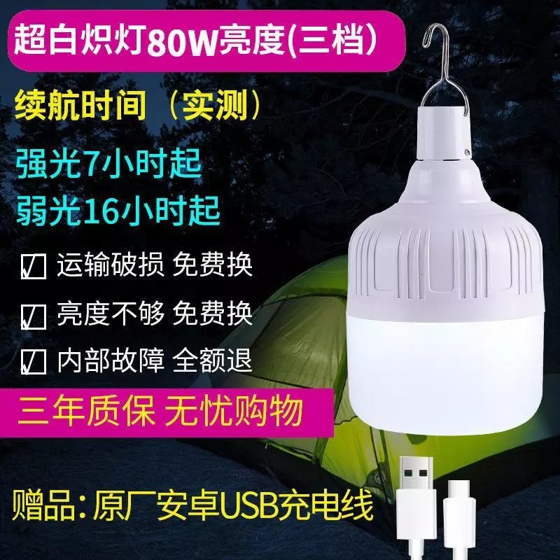 LED充电灯泡夜市便携摆地摊家用USB停电应急户外照明灯 超80w【普亮款】 灯泡+USB充电线+挂钩