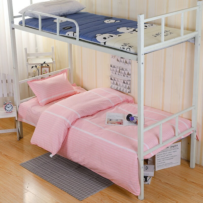 集物一册纯棉三件套学生宿舍单人上下铺床单被套被罩枕套全棉宿舍三件套 浅粉条纹(纯棉平纹) 40支 0.9m上下铺三件套 床单款 （被套150*200cm）