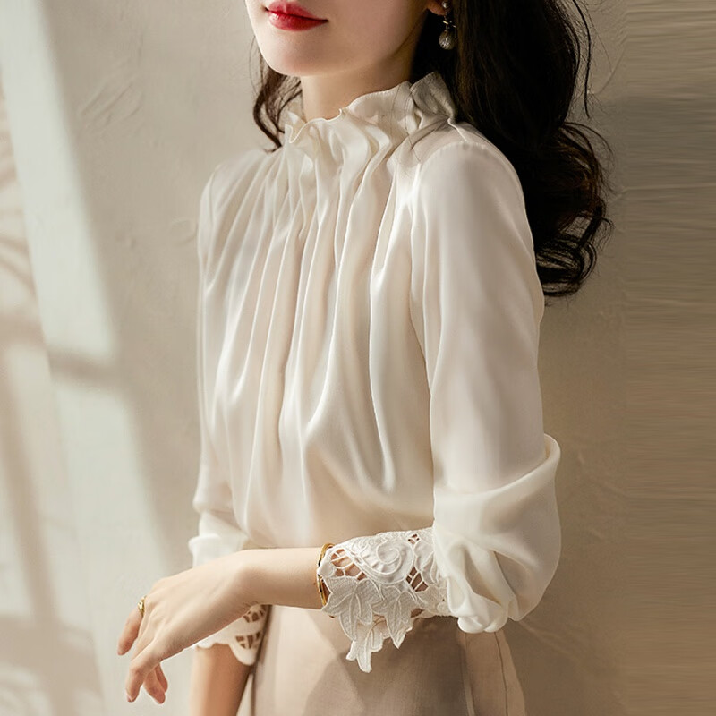 蔺涵白色真丝衬衫女感轻奢桑蚕丝缎面高端立领木耳边上衣气质小衫 米