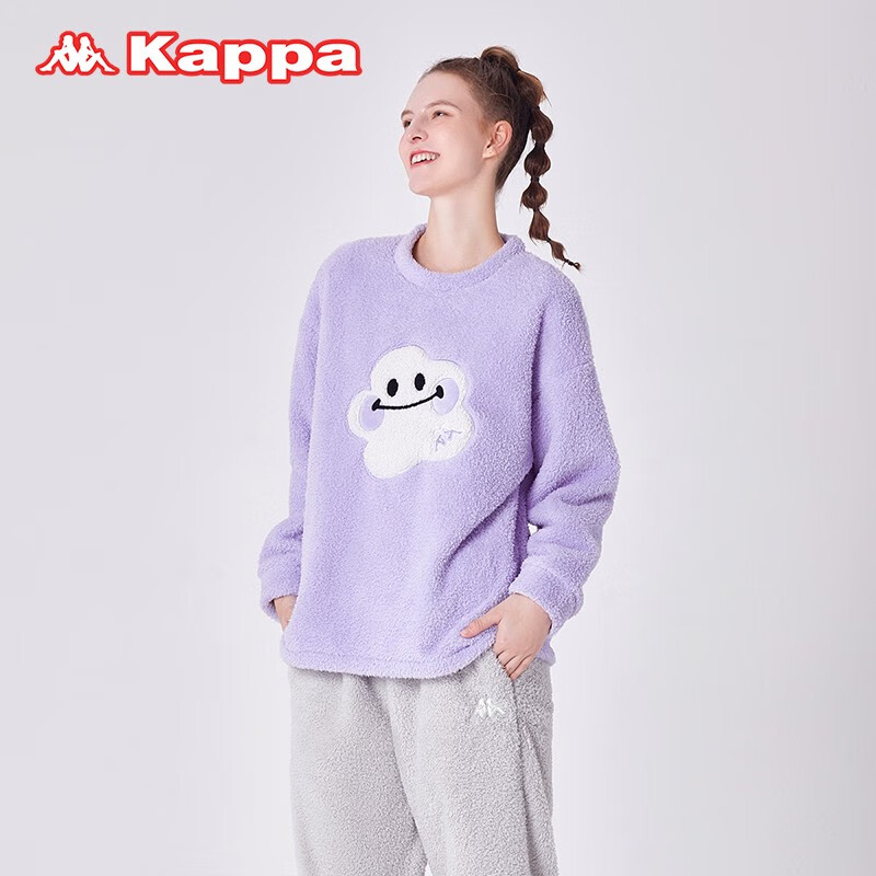 KAPPA卡帕睡衣女秋冬新款米粒绒加厚保暖套头笑脸可外穿女士家居服套装 紫色 L 建议(105-120斤)