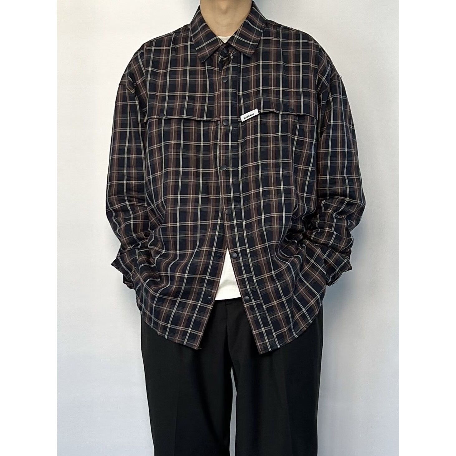 倍安伦(beianlun)初夏百搭港风oversize衬衫男onun 日系格纹长袖衬衫