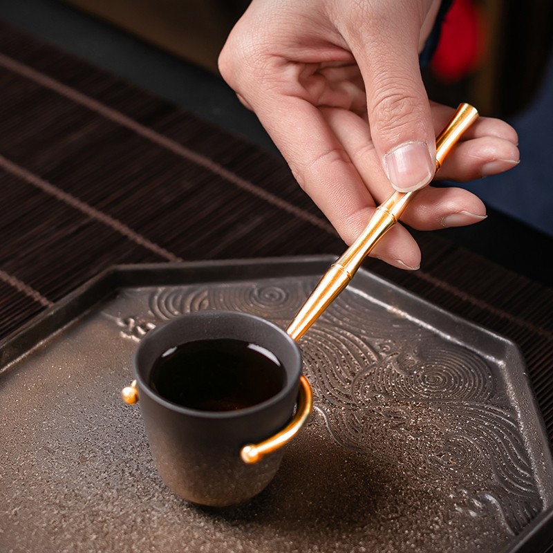 京峰阁 茶道六君子茶具套装家用茶道配件全黄铜功夫茶勺茶针茶盘摆件 全铜茶道六君子
