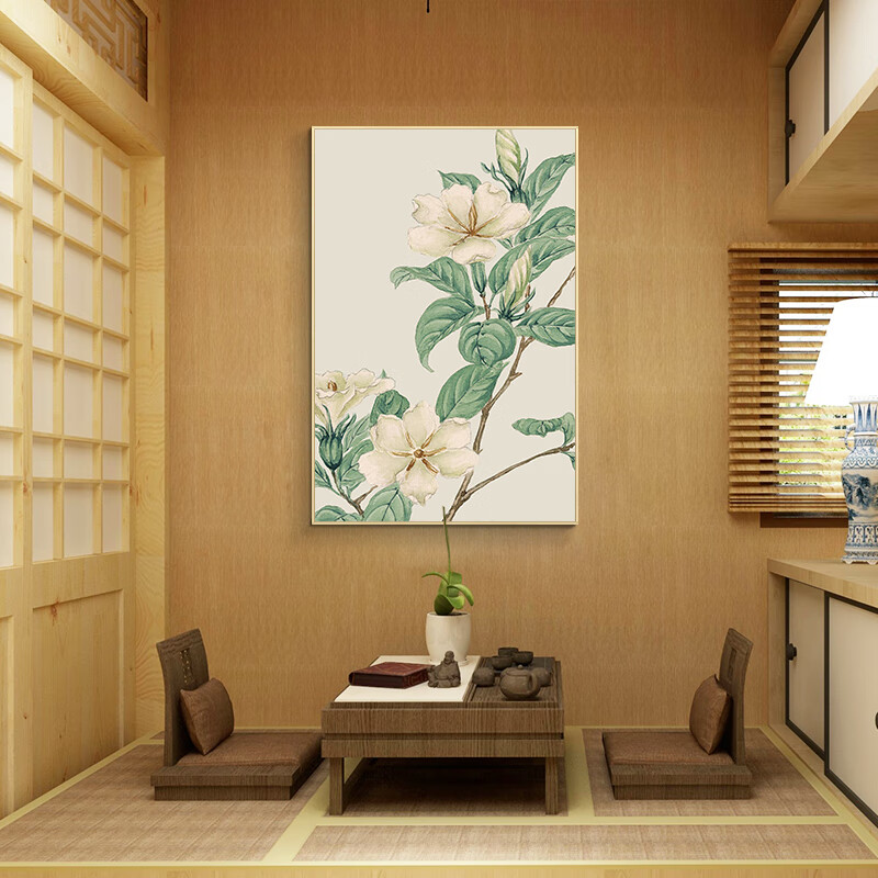 起贝 日式和风装饰画客厅餐厅日本料理店挂画壁画 3.栀子花（默认木色框） 布艺背板画-40x60厘米