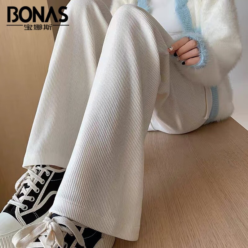 宝娜斯（BONAS）裤子女感时尚雪尼尔运动春秋高腰垂感宽松直筒休闲阔腿裤 白色 均码【80-140斤】