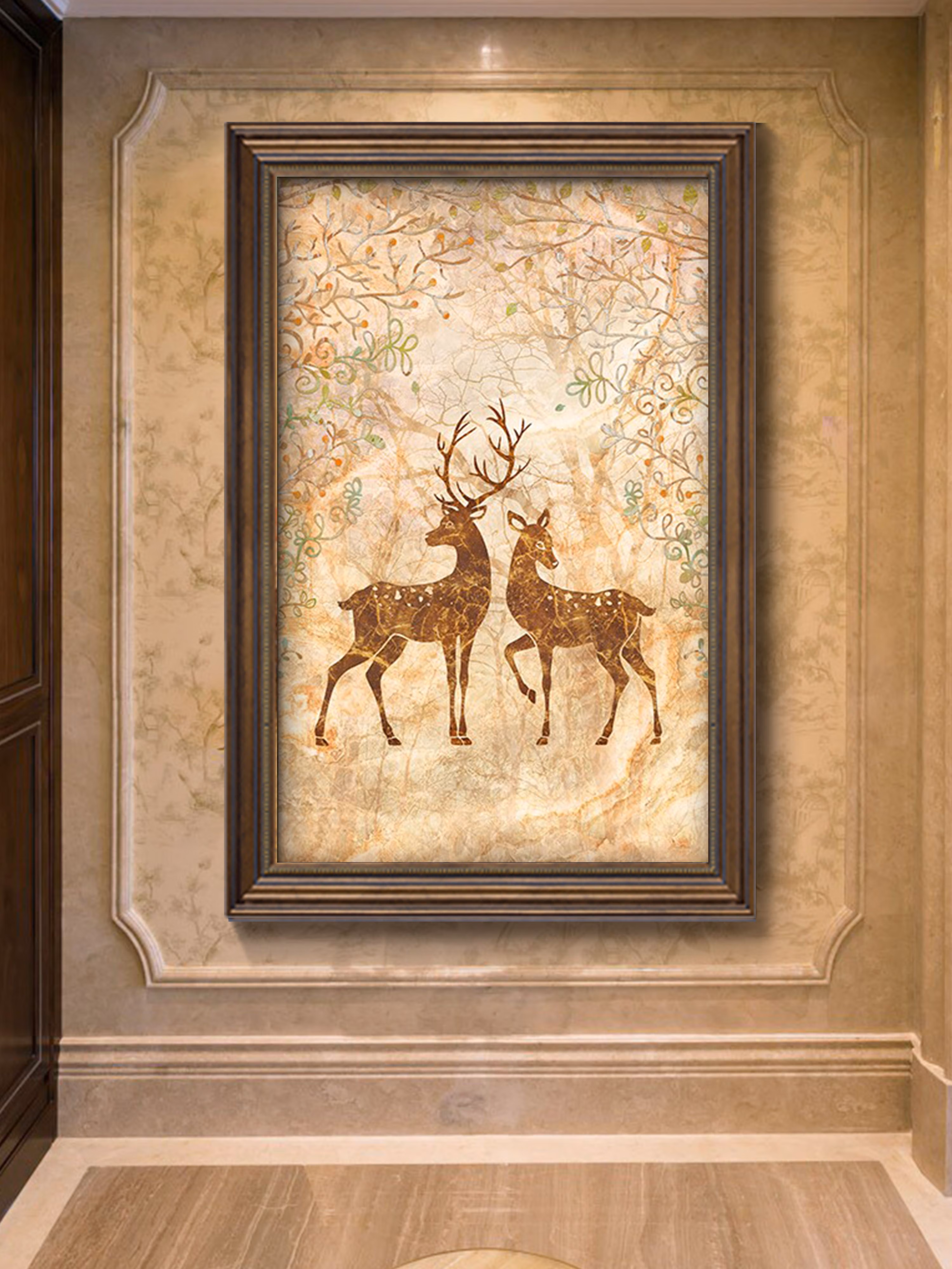 先明玄关装饰画欧式风格麋鹿小尺寸竖版走廊挂画过道壁画美式客厅油画