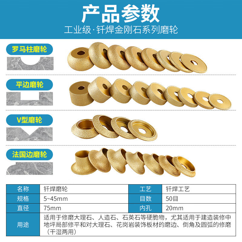 石材磨邊輪法國(guó)邊大理石花崗巖瓷磚修邊磨輪開(kāi)槽磨圓邊角磨機(jī)磨頭 法國(guó)邊 (厚度10mm)C