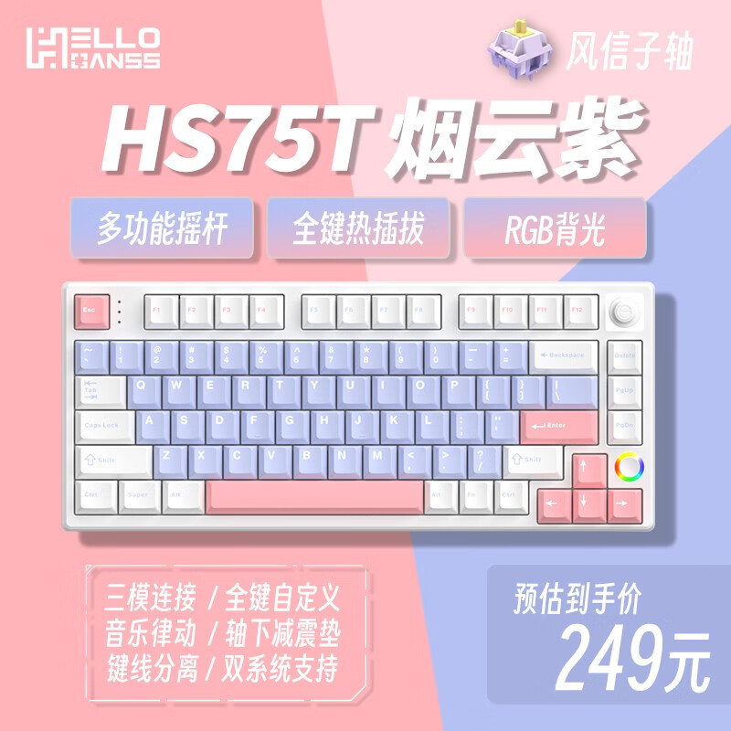 HELLO GANSS HS 高斯 75T有线蓝牙2.4G无线三模RGB插拔轴机械键盘 HS75T 烟云紫「干电池」 KTT风信子轴（精润版)