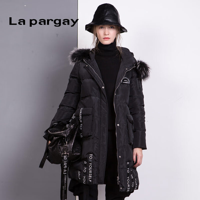 lapargay纳帕佳新款女装冬季黑色中长款毛领连帽保暖羽绒服 黑色 s