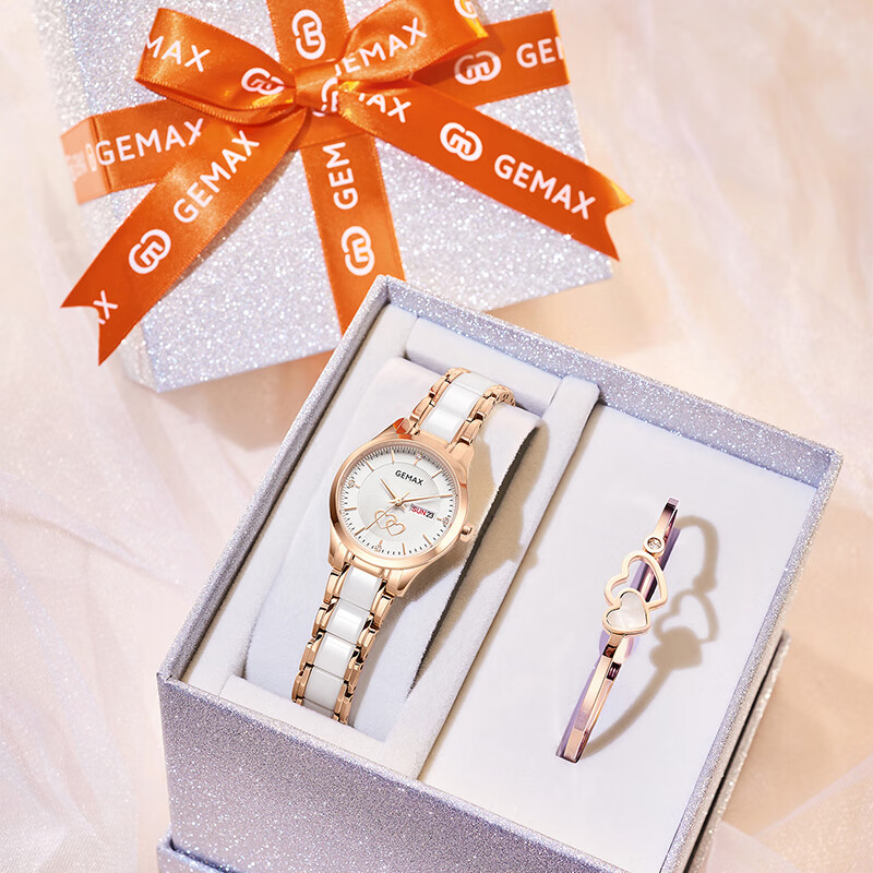 格玛仕女士手表2025新款防水女表品牌十大腕表女生日礼物高档石英表名表 银色礼盒【两件套丨手表+手镯】 28mm 表盘直径【时尚百搭】