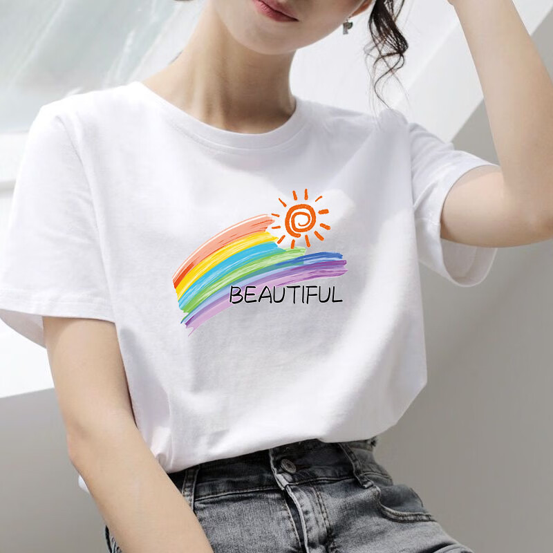 索凯特女短袖t恤2024夏季新款韩版可爱慵懒休闲彩虹女t恤潮百搭上衣