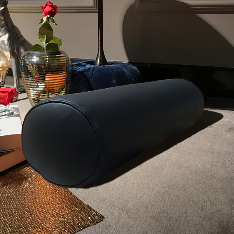 圆柱形全真皮抱枕牛皮糖果枕圆筒极简抱枕高端中式圆形沙发腰枕 黑色