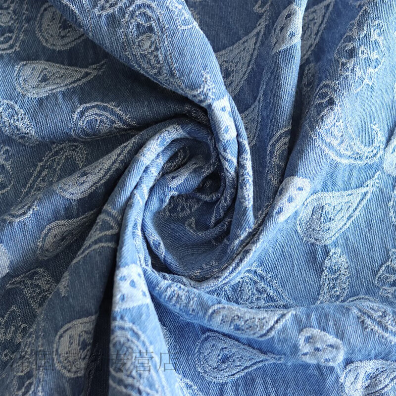 布料腰果花水洗提花牛仔布料面料水洗纯棉加厚外套服装手工diy 浅蓝色