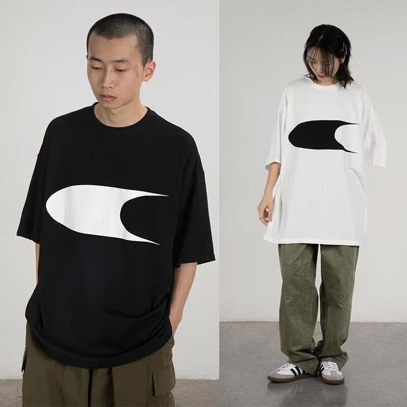 畄畄时尚短袖t恤男重磅纯棉标准logo一个月牙大oversize黑白宽松半袖