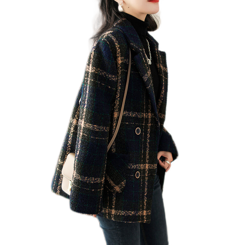 皮尔卡丹毛呢大衣女2021年冬季新款时尚英伦风复古格纹休闲中长款西装加厚保暖毛呢外套女 格子 2XL （建议135-145斤）10040028337135