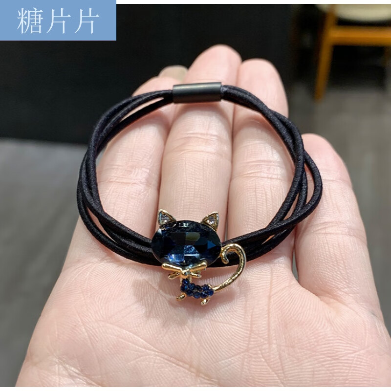 糖片片 头绳女网红手链两用发圈甜美森系可爱水晶小猫咪发绳头饰 蓝色