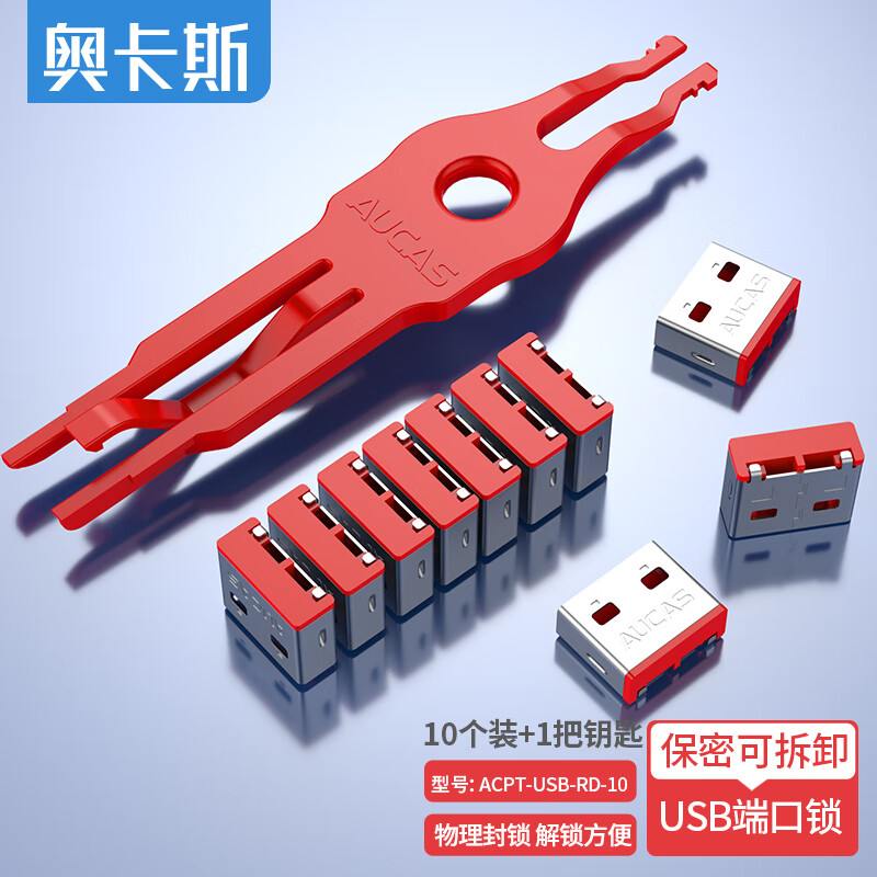 奥卡斯（AUCAS）USB端口锁笔记本电脑USB防尘塞USB封堵器塞子可拆卸红色（10个装+1把钥匙）ACPT-USB-RD-10