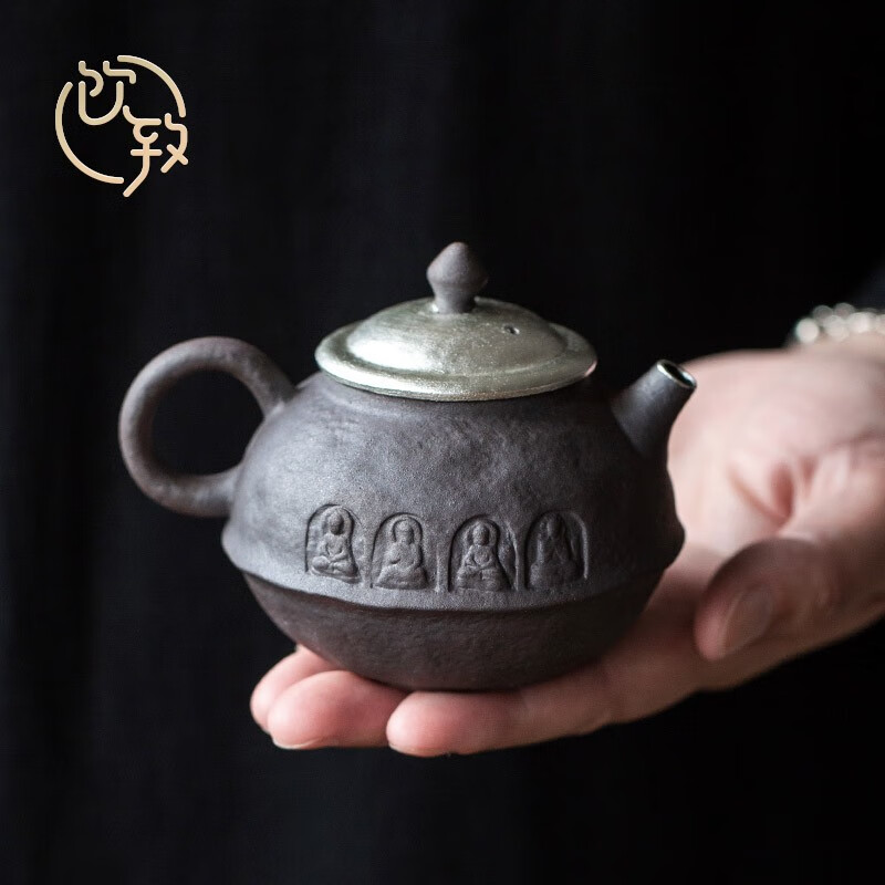 手作鎏银小号手抓壶个人专用单壶家用粗陶泡茶器 敦煌-思言壶(黑泥)